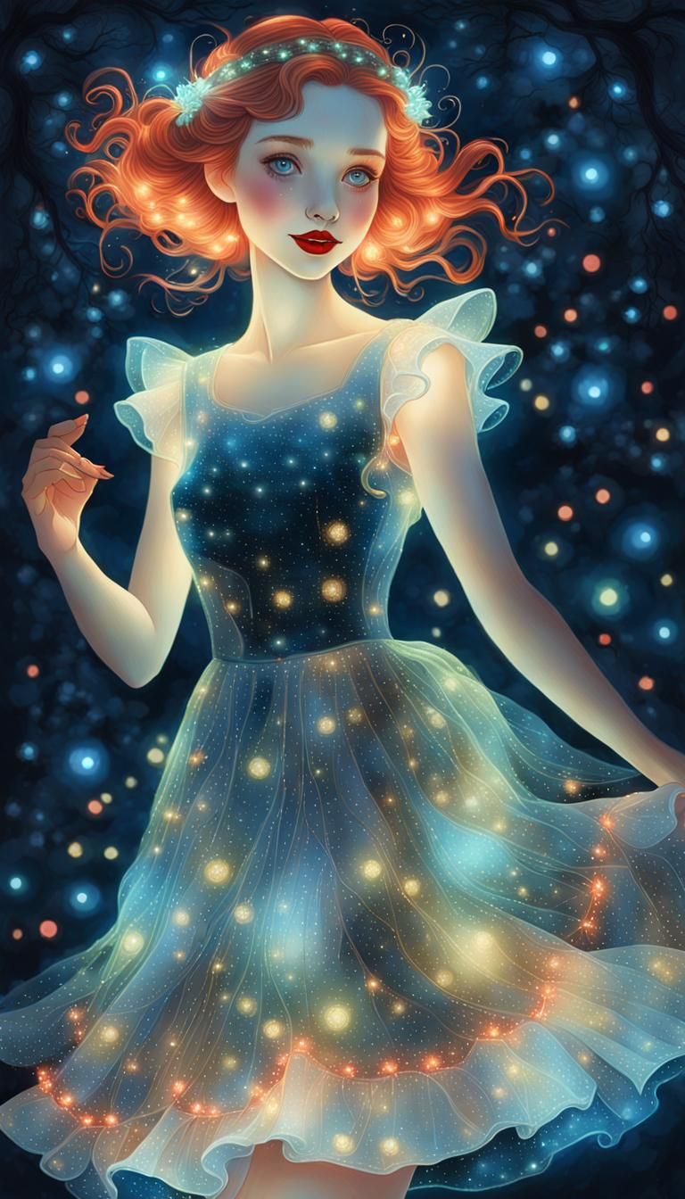 Hologram, bioluminescent dress made of bright glowing colorful fairy lights, moonlit night background, neon glow. Delica...