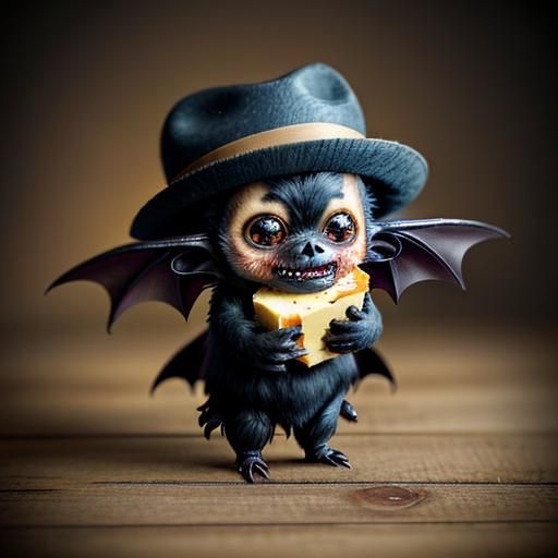 Chibi Bat Enjoys Cheese: Detailed 3D Macro Photo