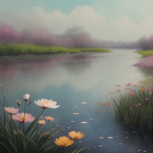 Single Flower by Riverbank in Abstract Watercolor Style