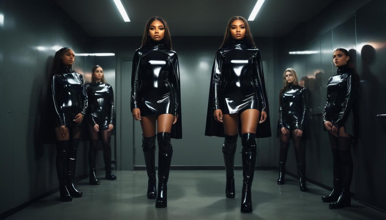 Lori Harvey as Latex Guard in Dimly Lit Room