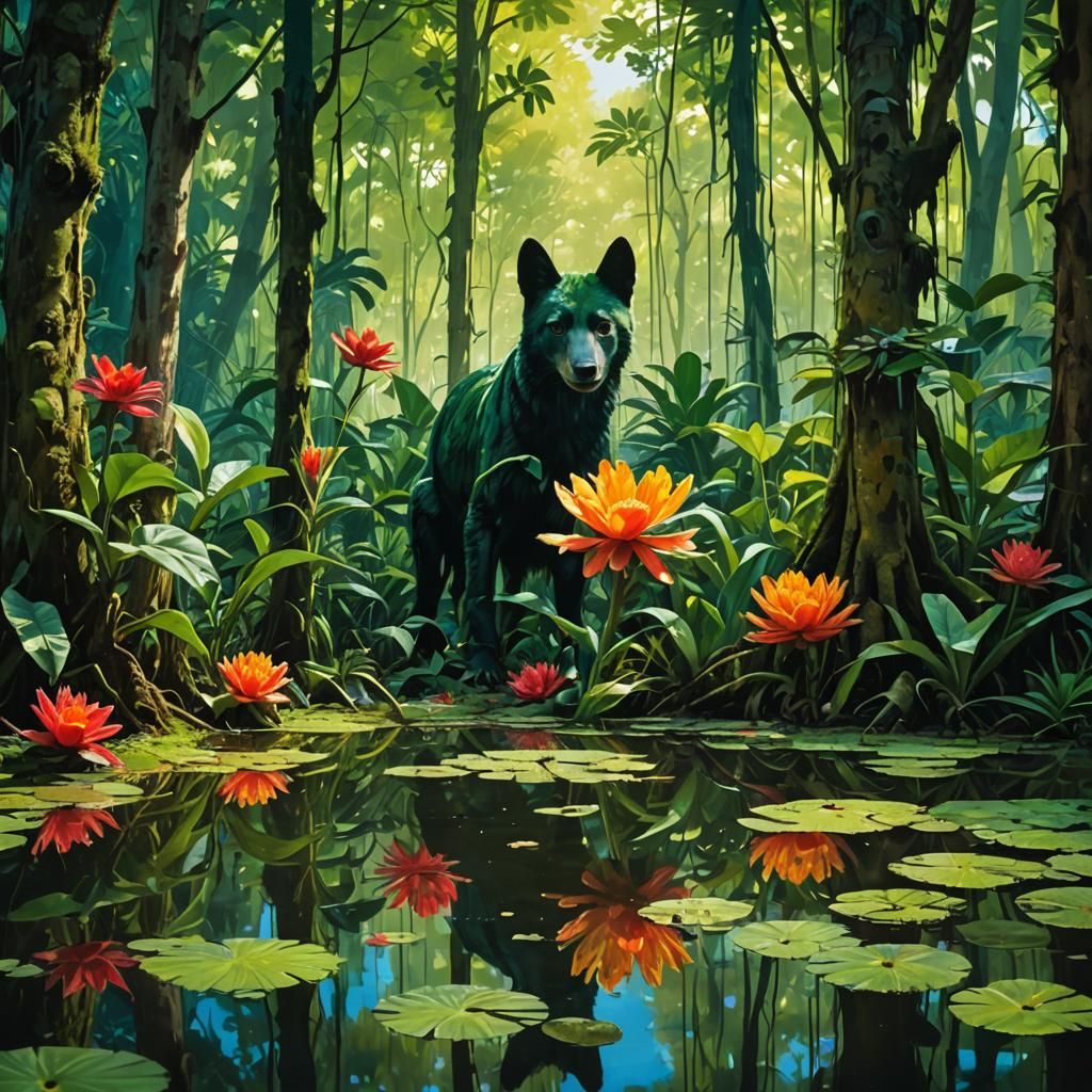 Mysterious Swamp Reflection in Colorful Graffiti Art Style