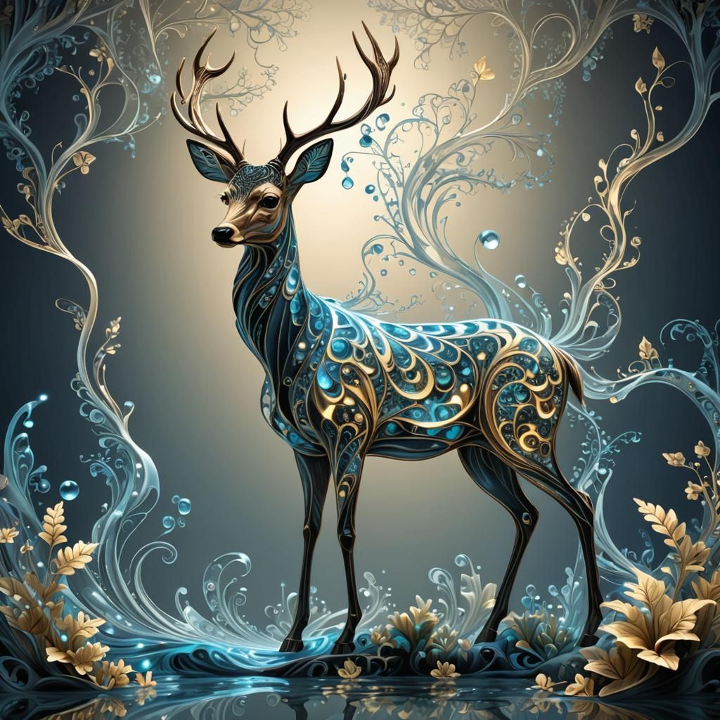 Luminous Deer Sipping Water with Fractal Elements