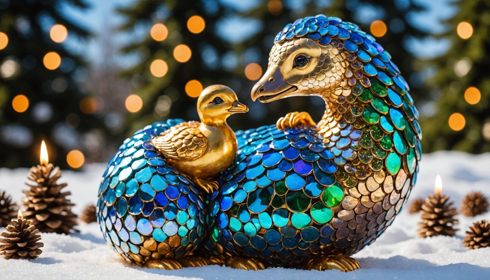 Festive Christmas Pangolin and Duckling Glass Sculpture