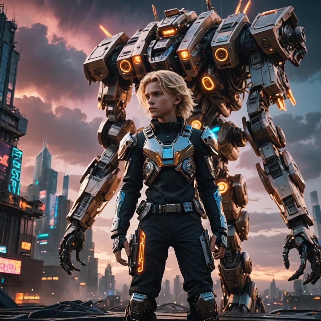 Sci-Fi Boy on Building with Neon Reflections