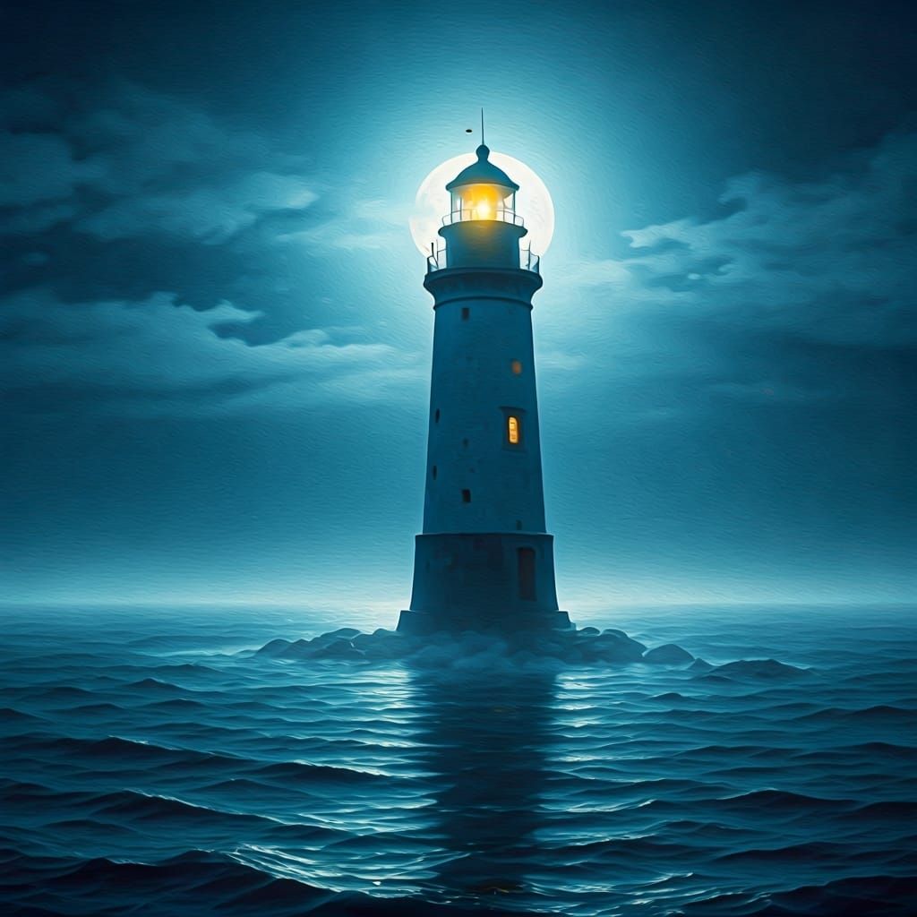 Lighthouse in Fog Under Moon, Romantic Style