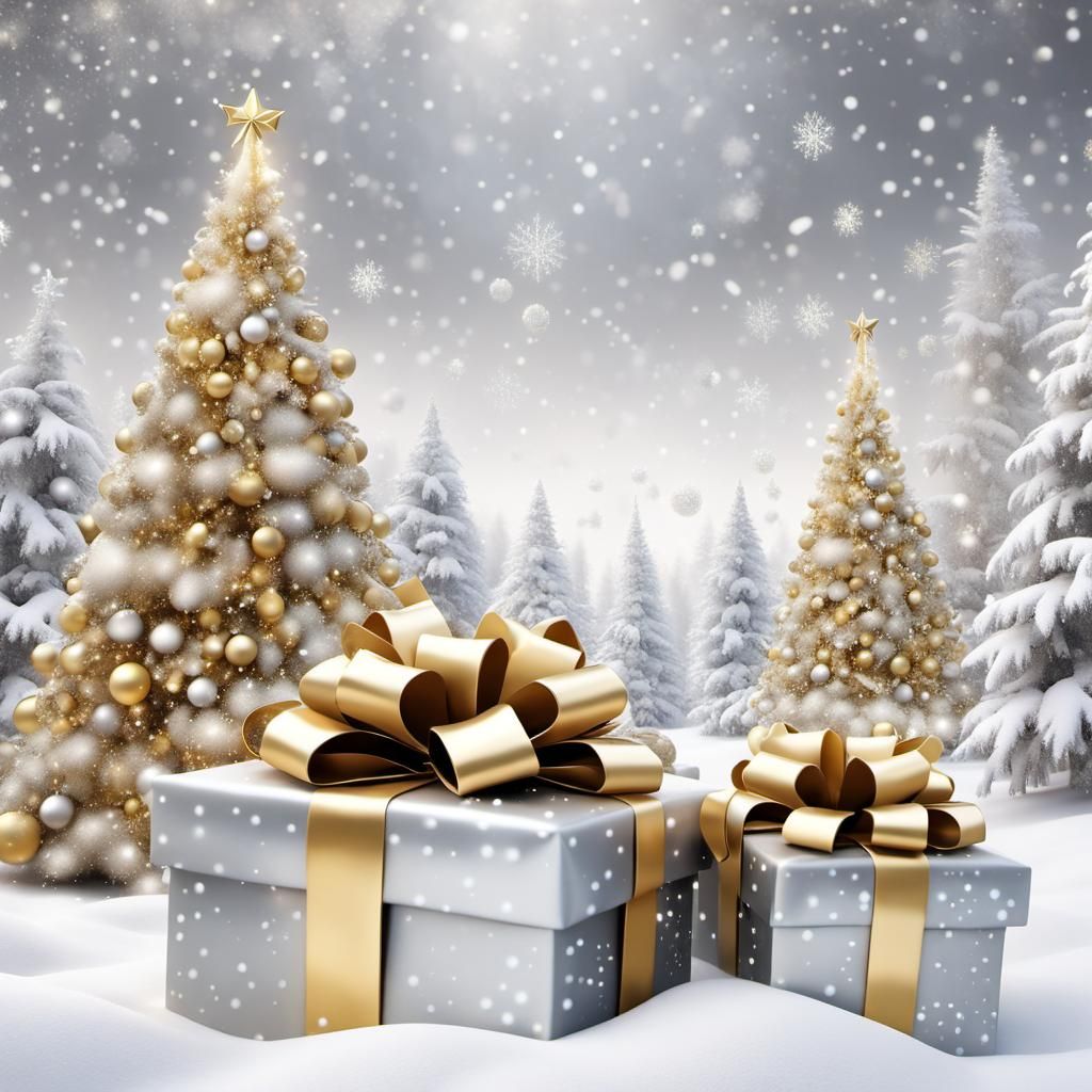 Disney Pixar style 3D beautiful Christmas scene, gold decora...