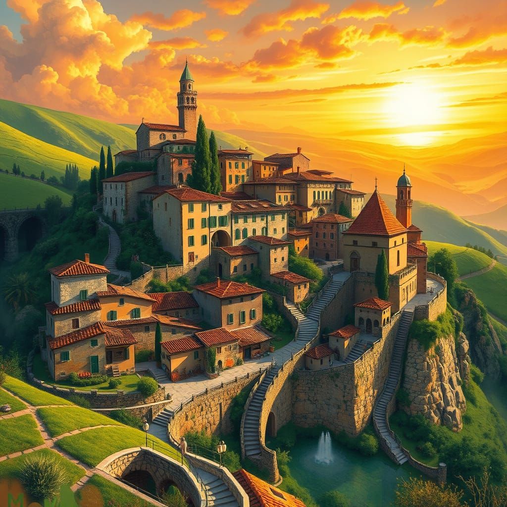 Surreal Italian Village in Dreamlike Style