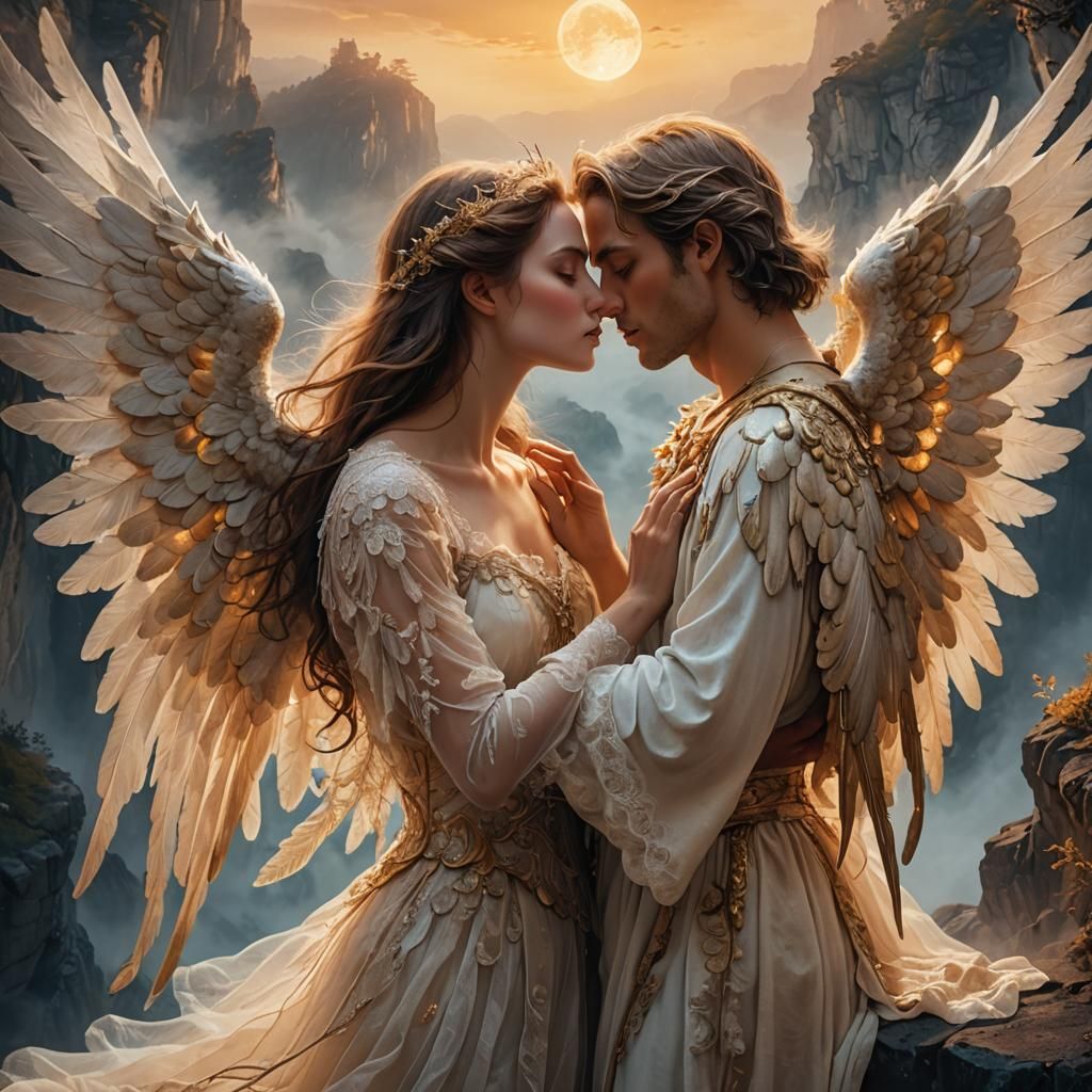 Ethereal Angel's Kiss on a Moonlit Cliff