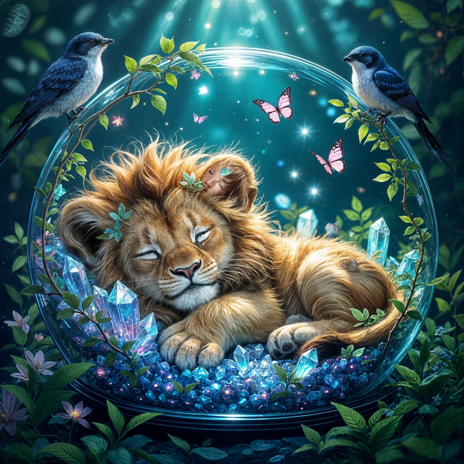 Miniature Lion Cub in Terrarium, Hyperrealistic Style