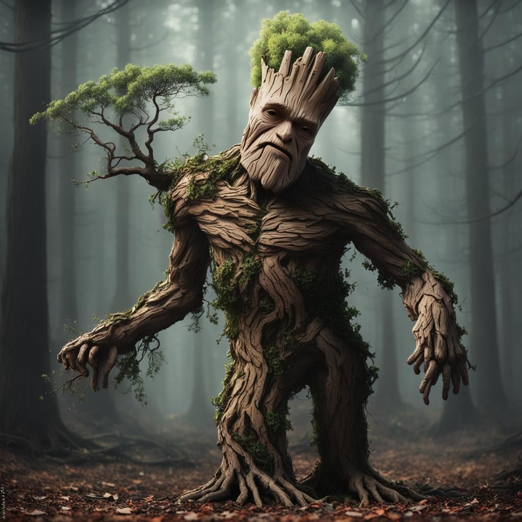 Deformed Groot Tree Walking in Forest