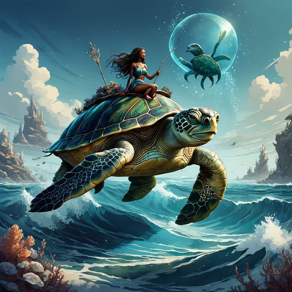 Majestic Mermaid Rides Ancient Sea Turtle Through Biolumines...