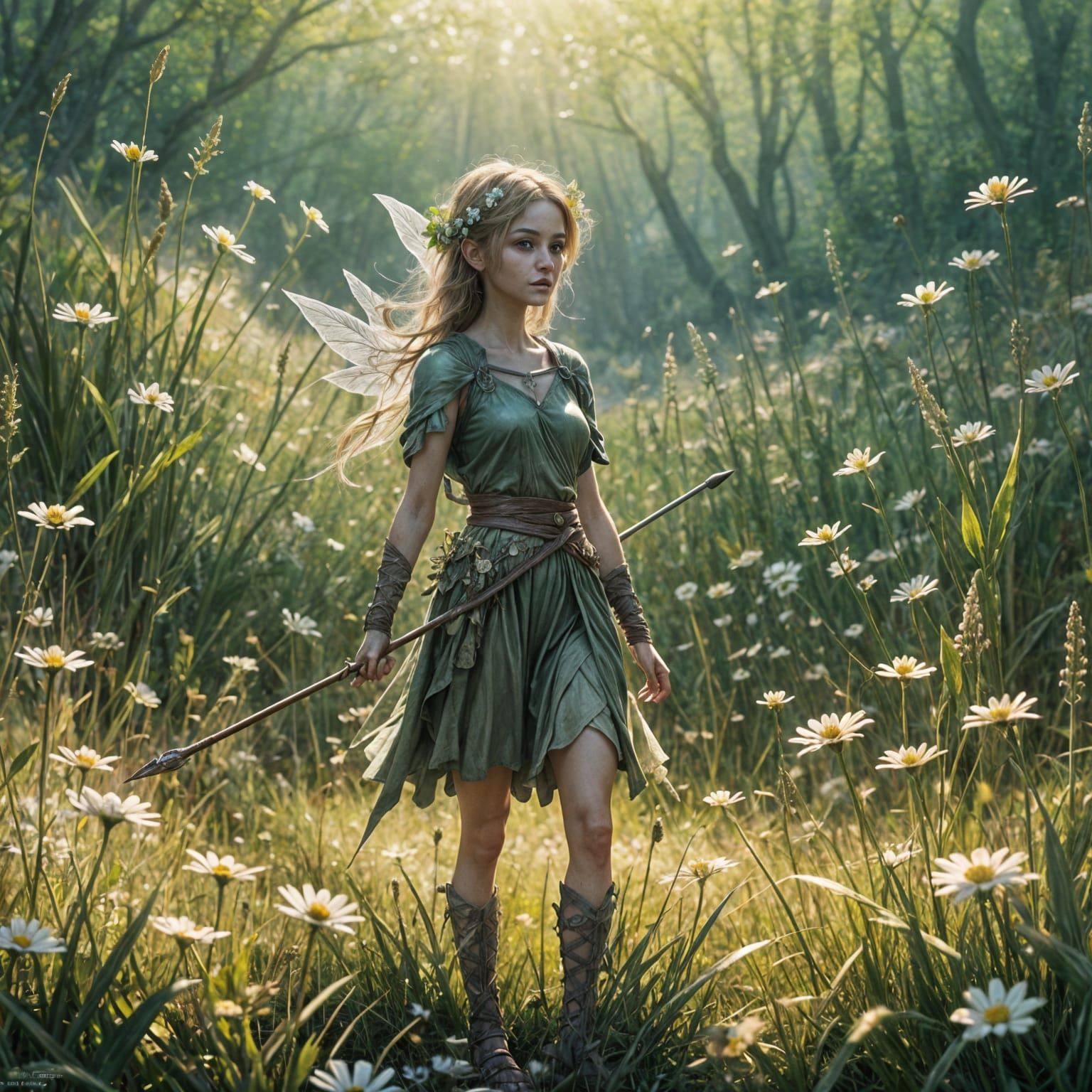 Fae Warrior with Glass Spear, Crayon Drawing