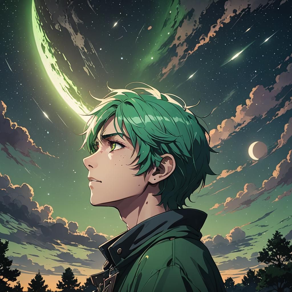 Anime Vampire Boy Gazing at Starry Eclipse