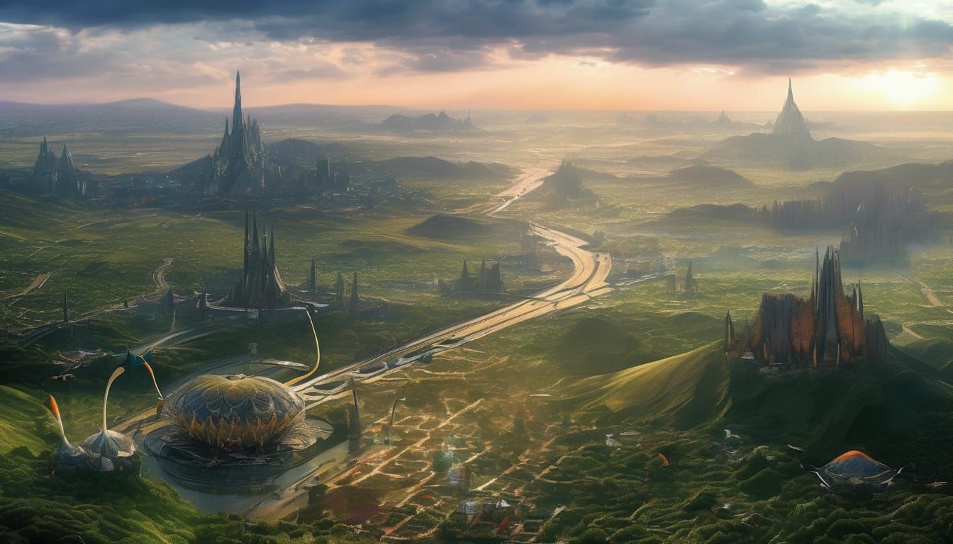 3D above view beautiful solarpunk aetherpunk idyllic utopian...