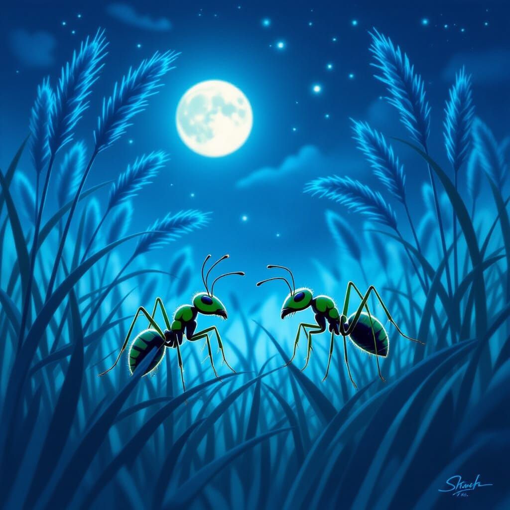 Green Ants in Blue Grass Under Moonlight