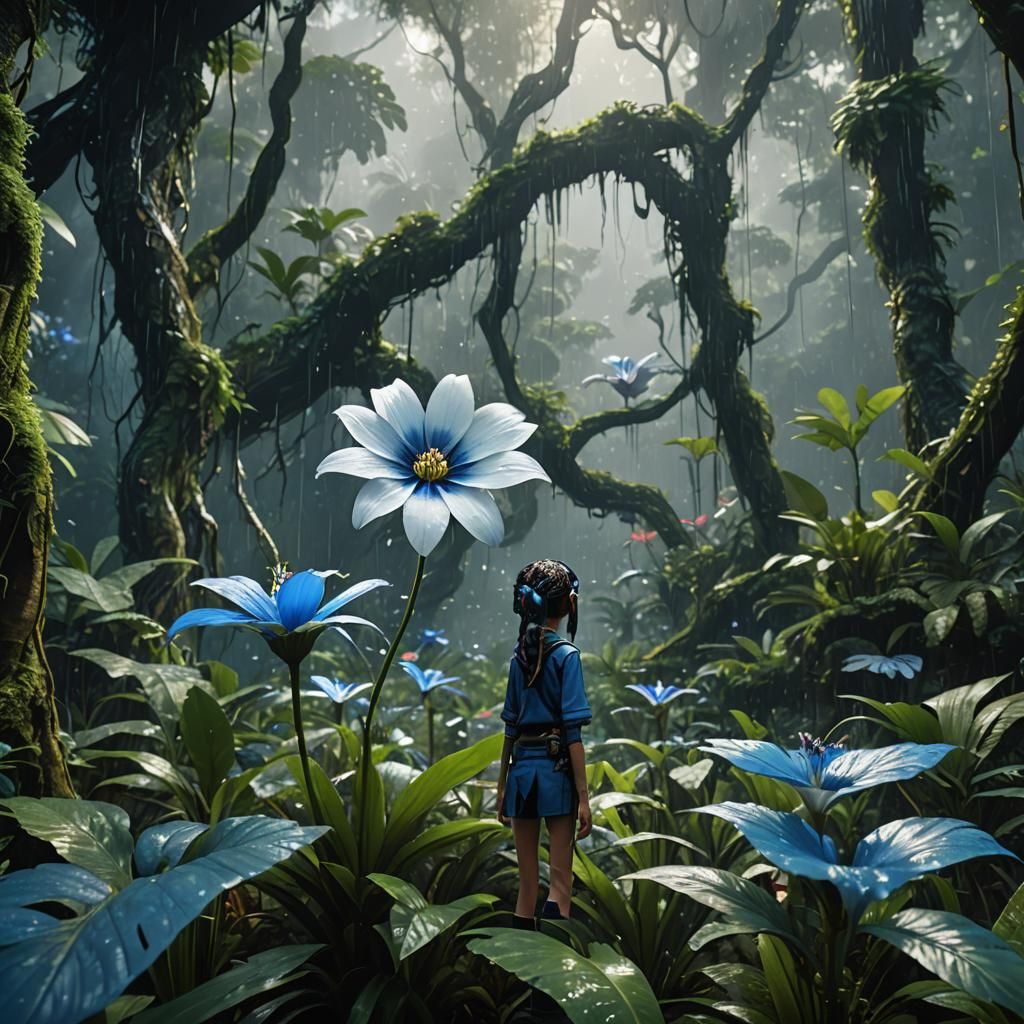 Blue and White Flower in Rainforest, Detailed Matte Painting