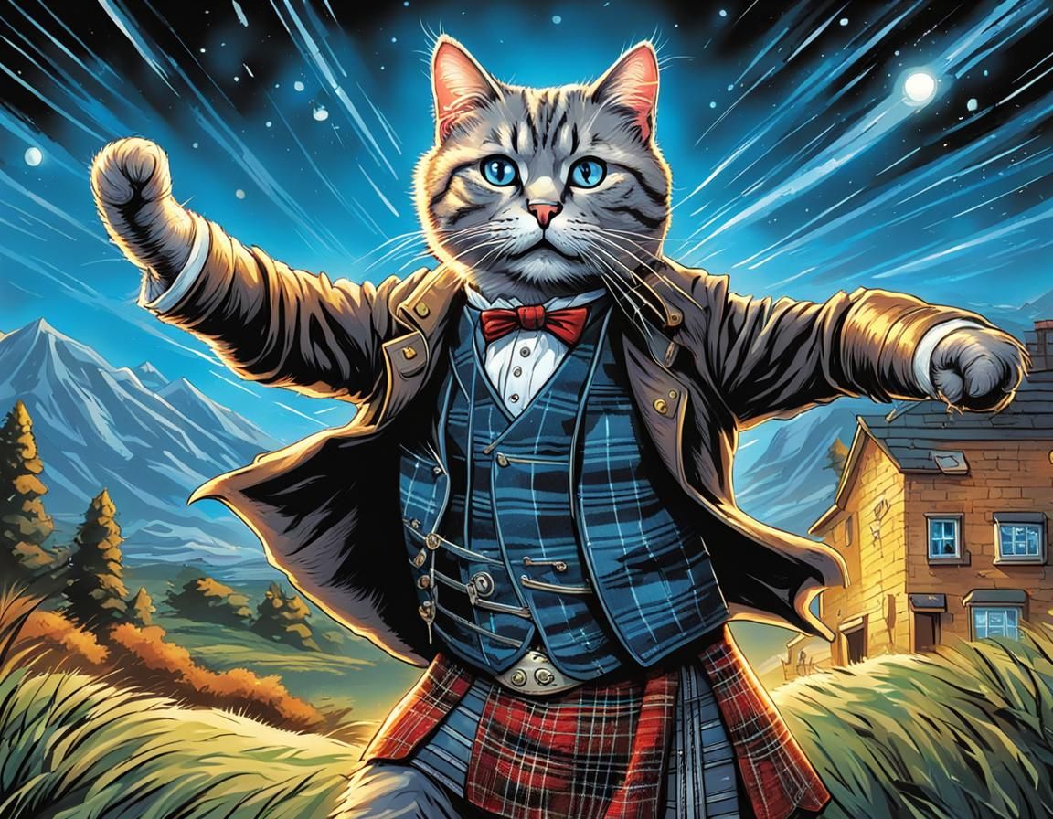 Grey tabby cat  dancing the highland fling