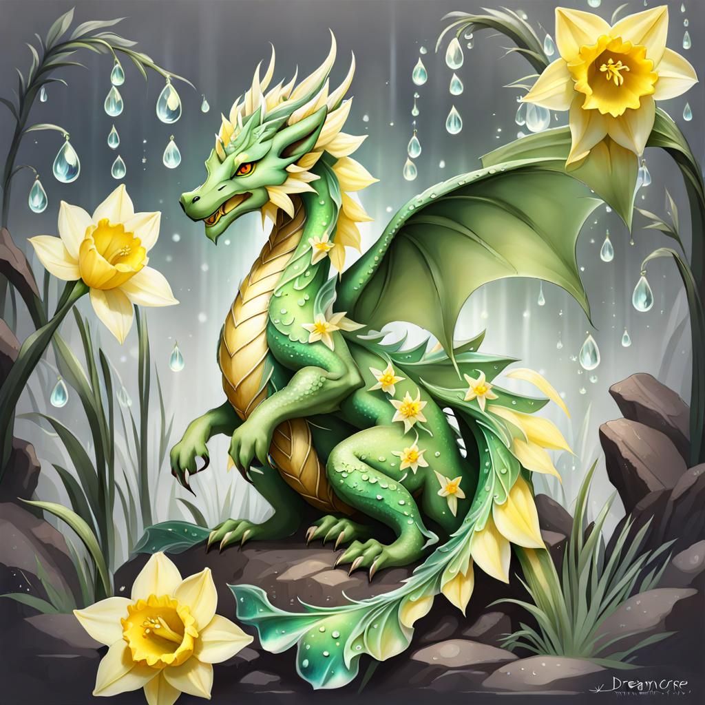 Daffodil Dragon with Dewdrops: Dreamcore Style