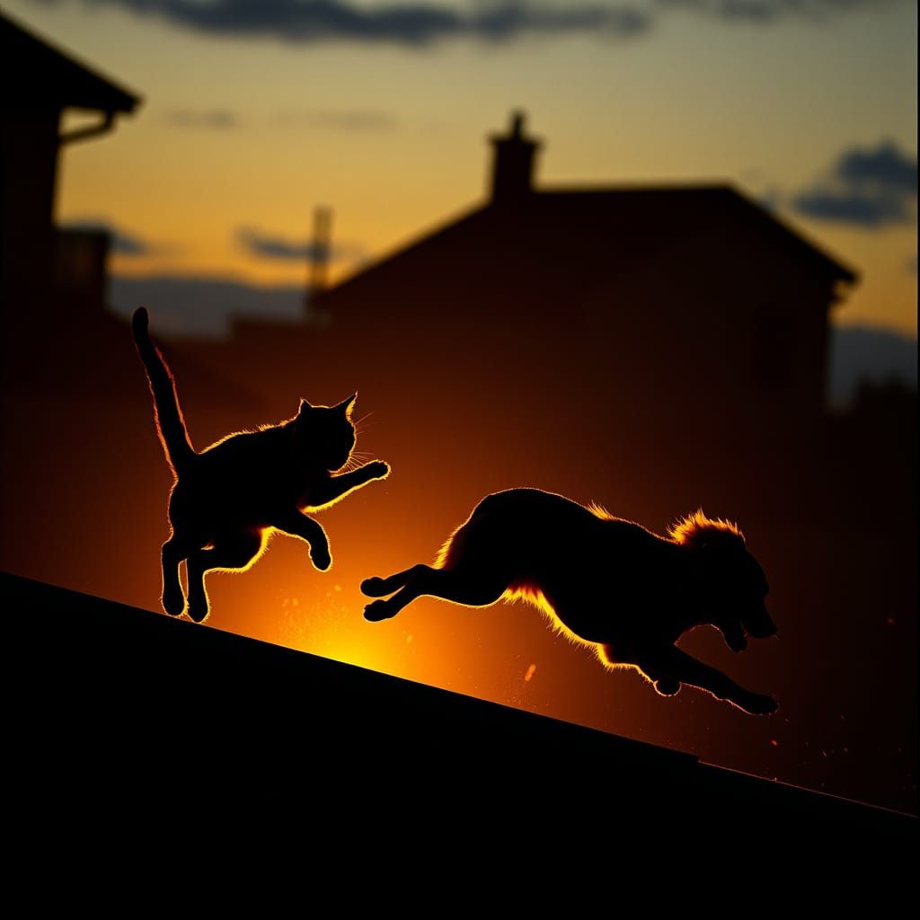 Elegant Cat and Dog Silhouette in Film Noir Style