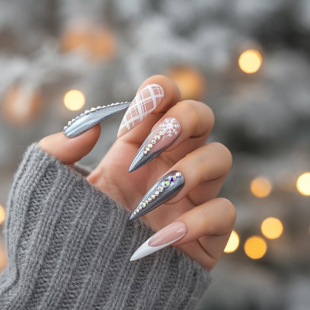 Festive Winter Nail Art with Silver and Rhinestones