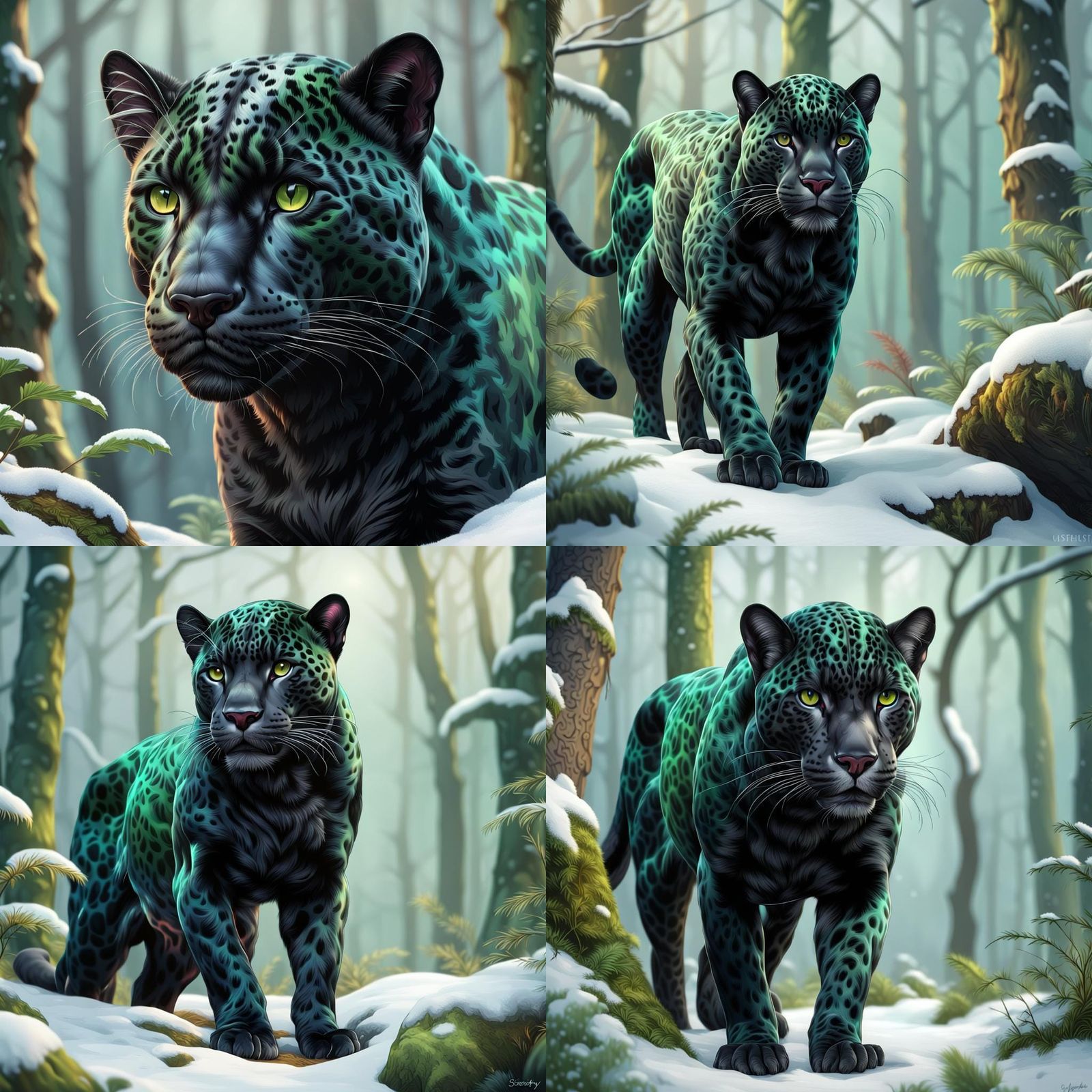 Black Jaguar in Winter Forest, Ultra Detailed