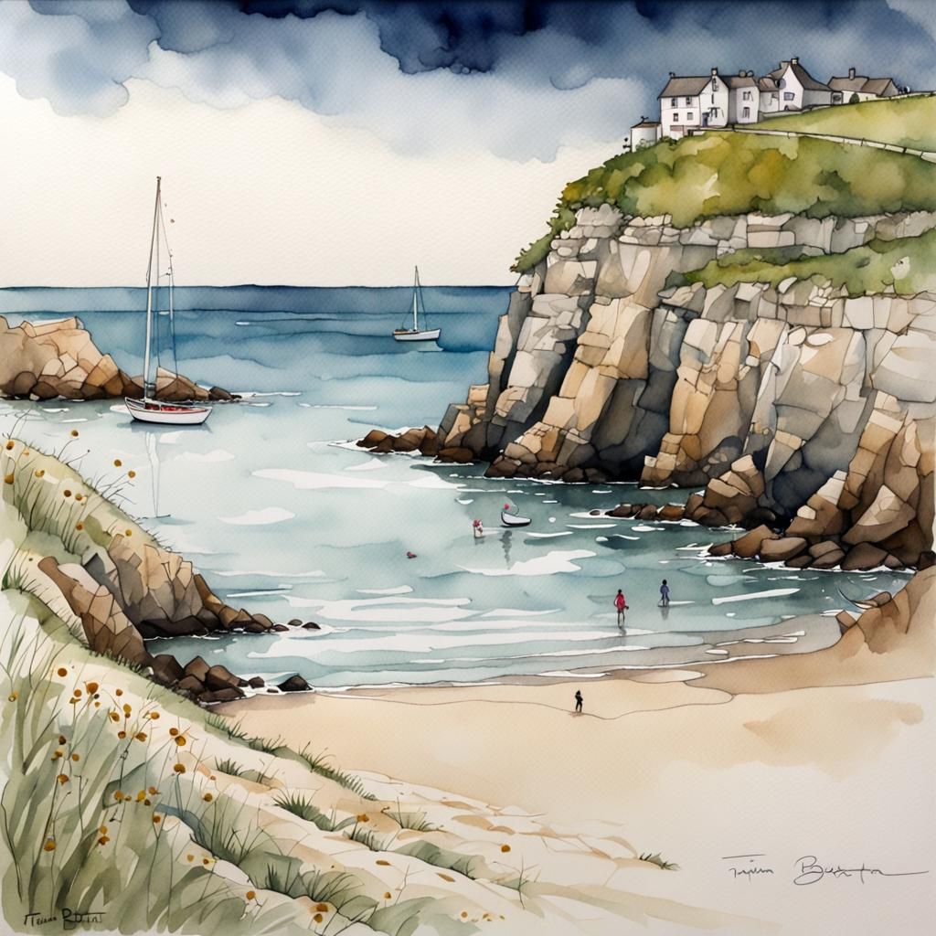 Roscoff Beach: Watercolor in Burtonesque Style