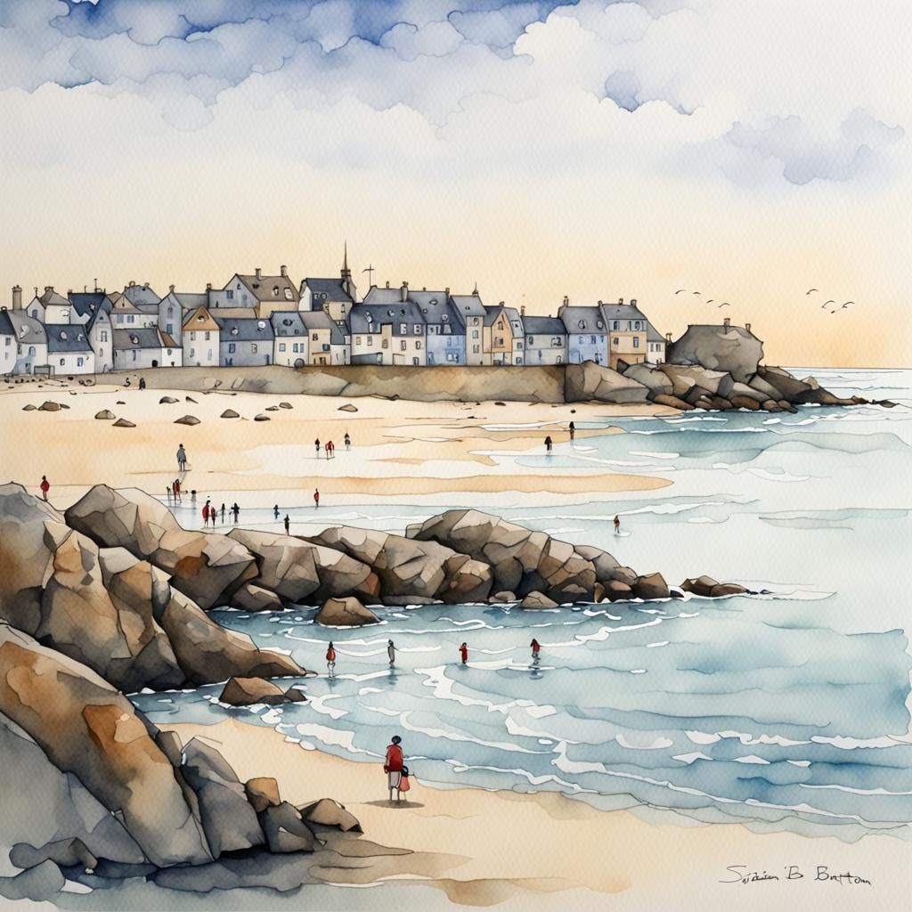 Traon Erch Beach, Roscoff: Watercolor in Burton Style