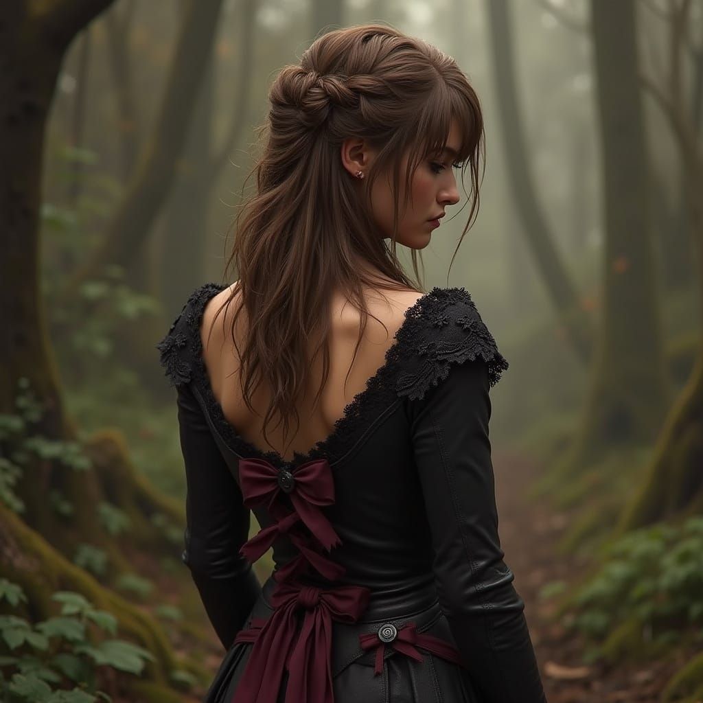 Witch in Leather Dress with Lace and Bows: Fantasy Art