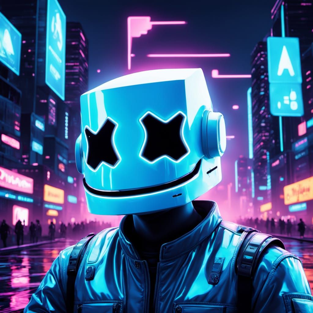 Marshmello in Neon Noir Cityscape
