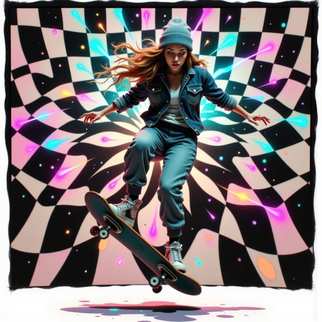 Skateboarder in Neon Retroscape: Hyperrealistic Style