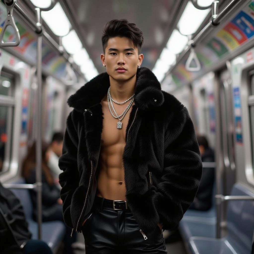NYC Subway Style: Shirtless Man in Fluffy Jacket
