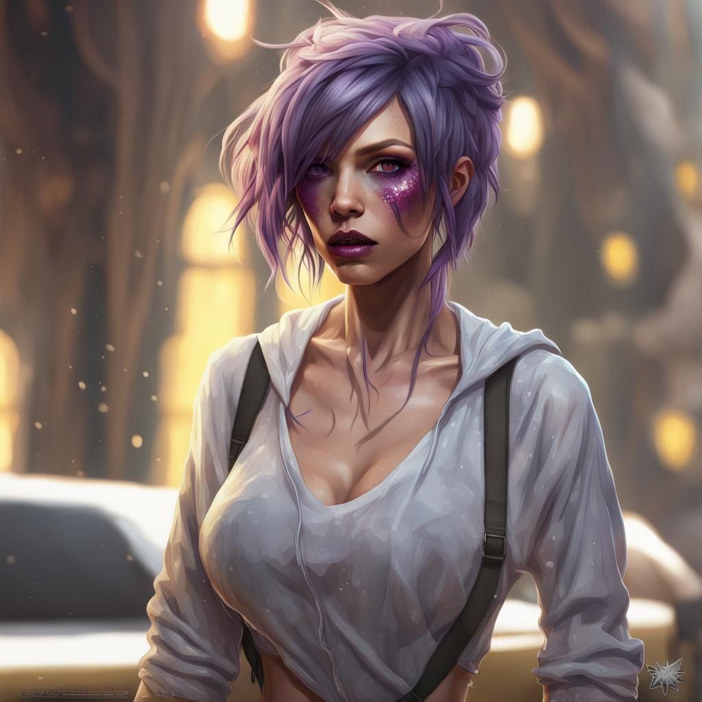 Detailed Portrait with Purple Hair in Hyperrealistic Style