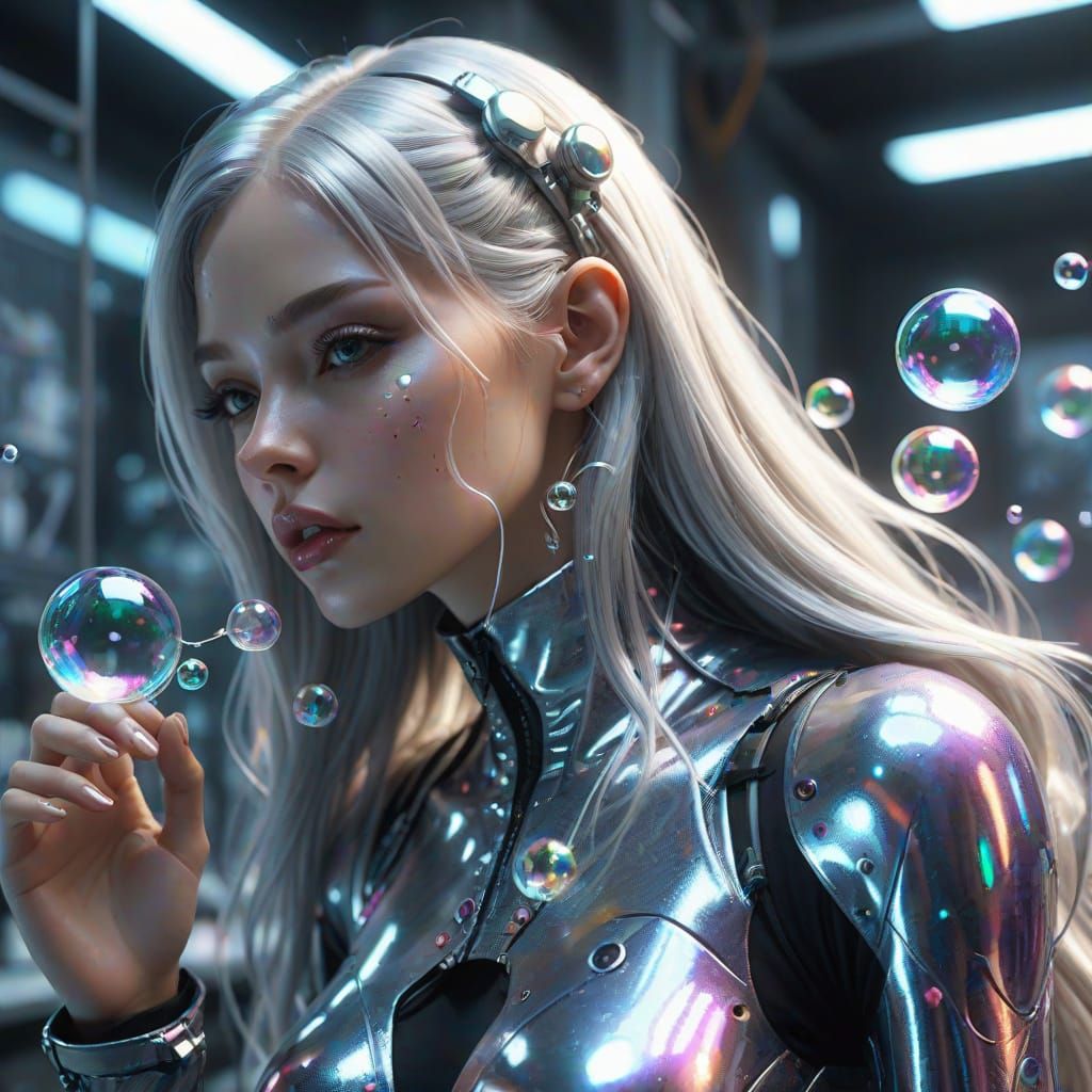 Gynoid Blowing Bubbles in Graffiti CG Art