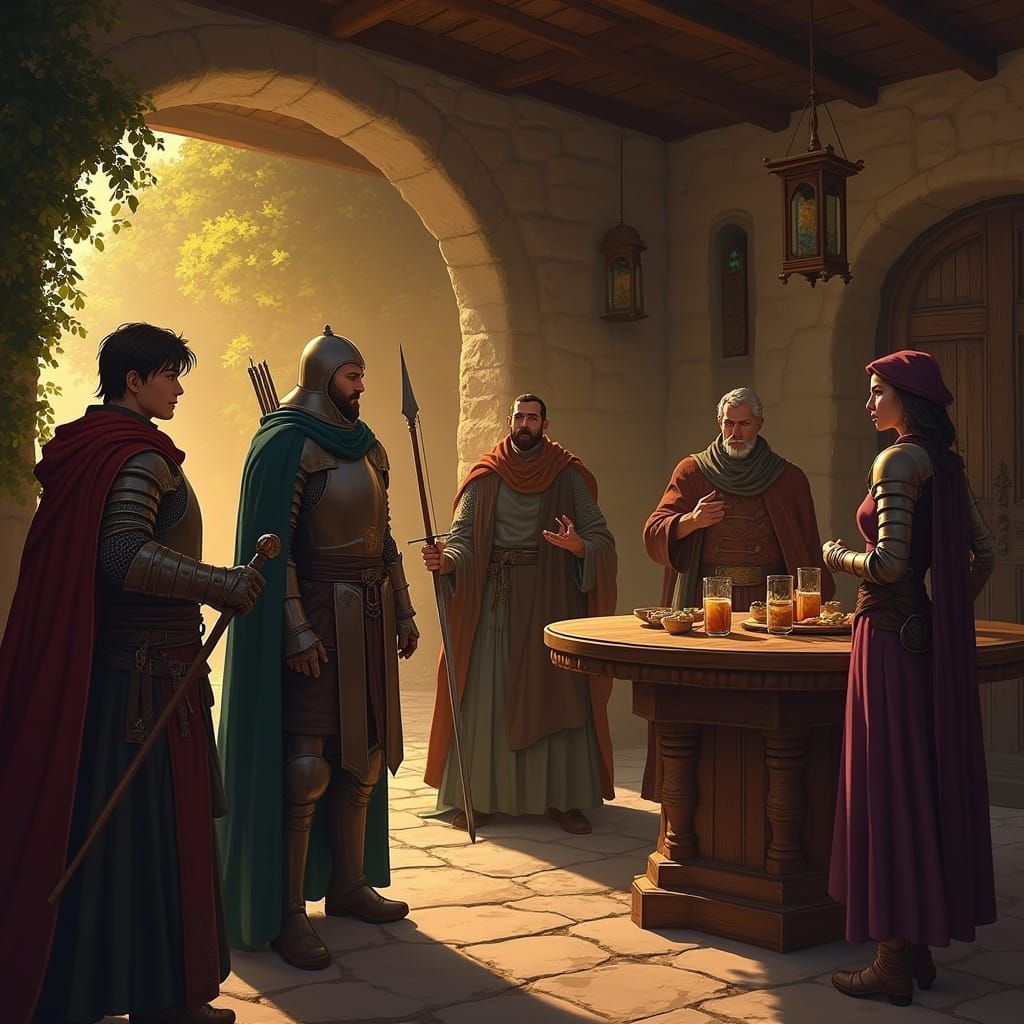 Anime Medieval Tavern Scene with Knights and Sorceress