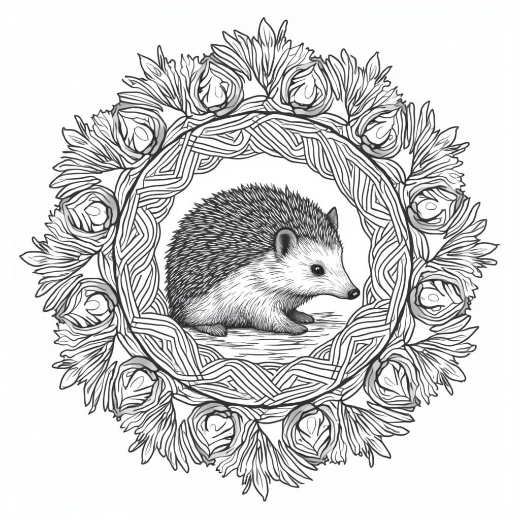 Symmetrical Forest Mandala with Hedgehog Silhouette