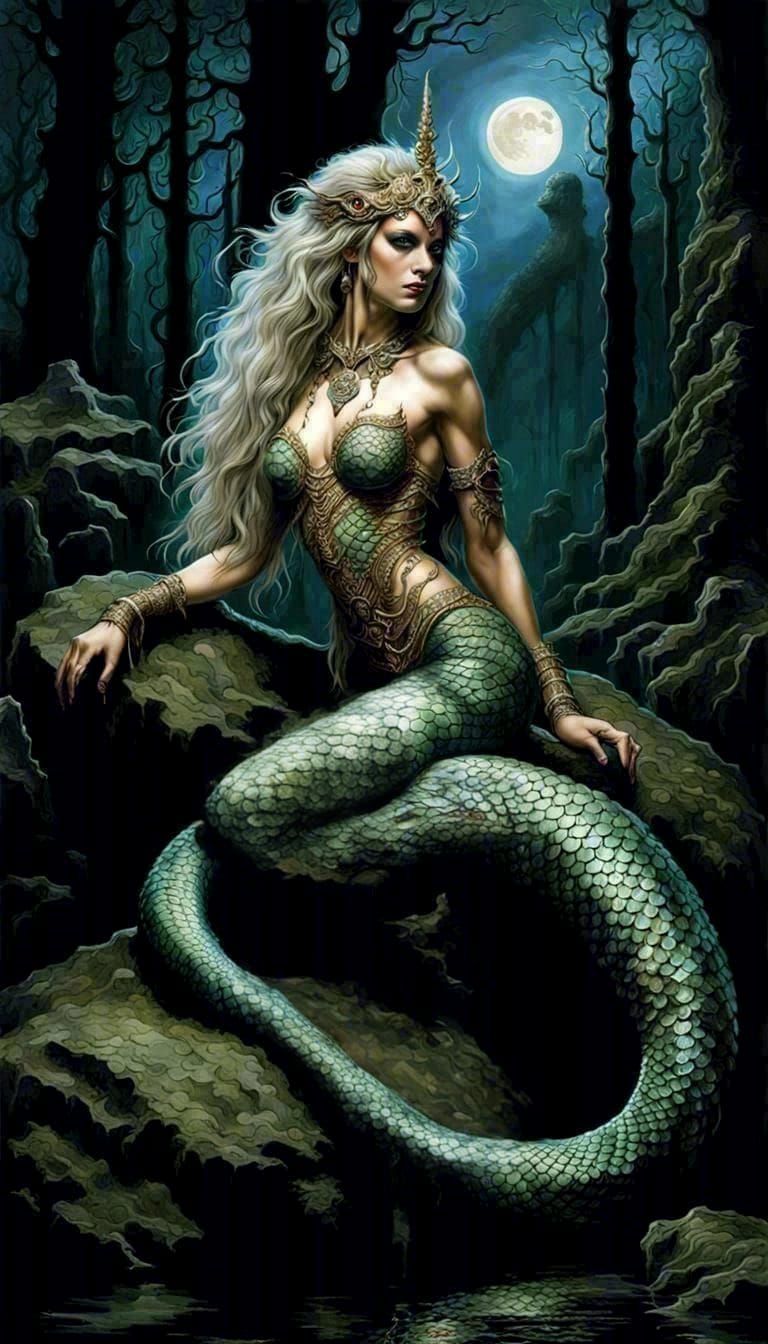 Fierce Mermaid with Scales in Dark Forest Painting