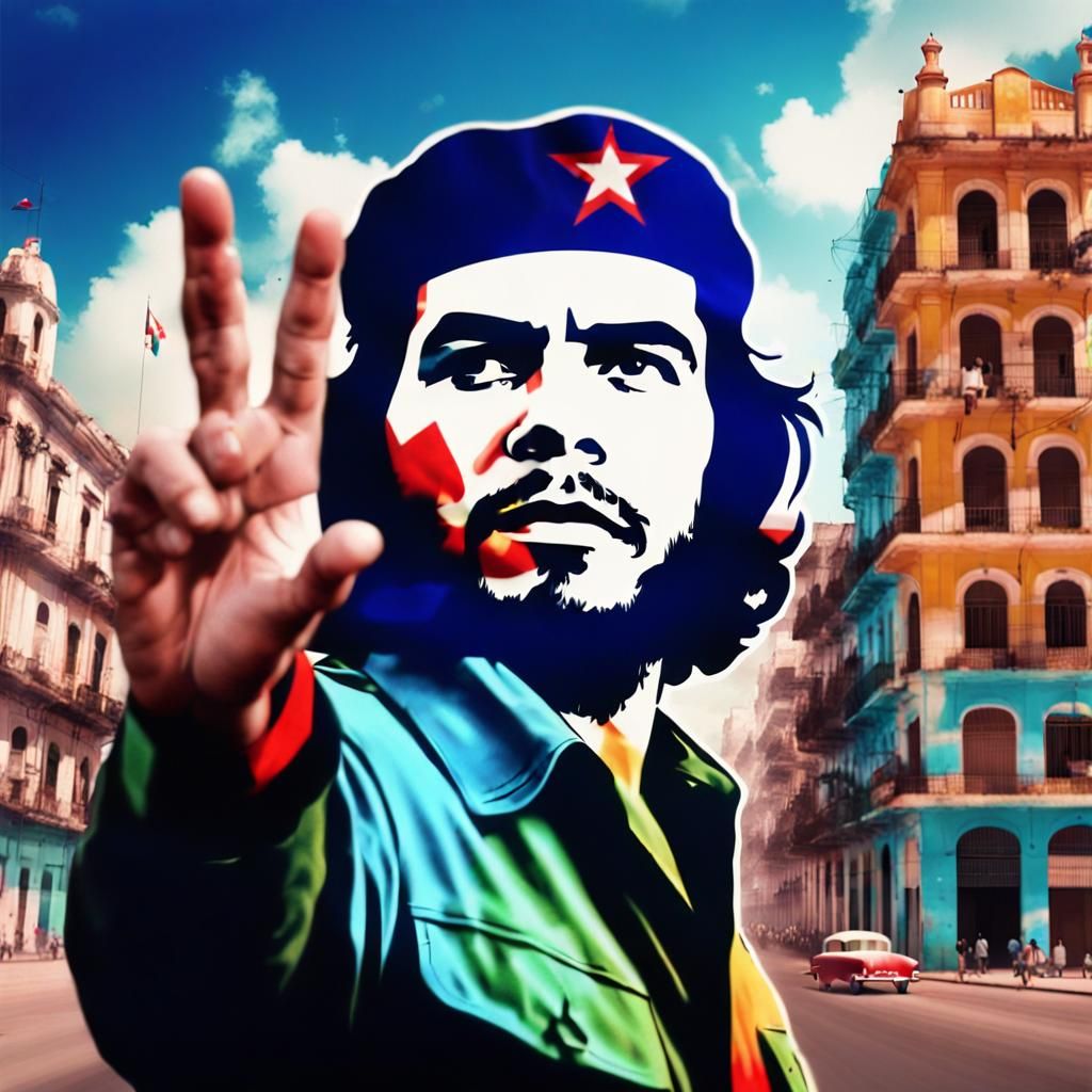 Double exposure, create an image of Che Guevara high five animation, background of a Cuban city, hyper- realistic, vibra...