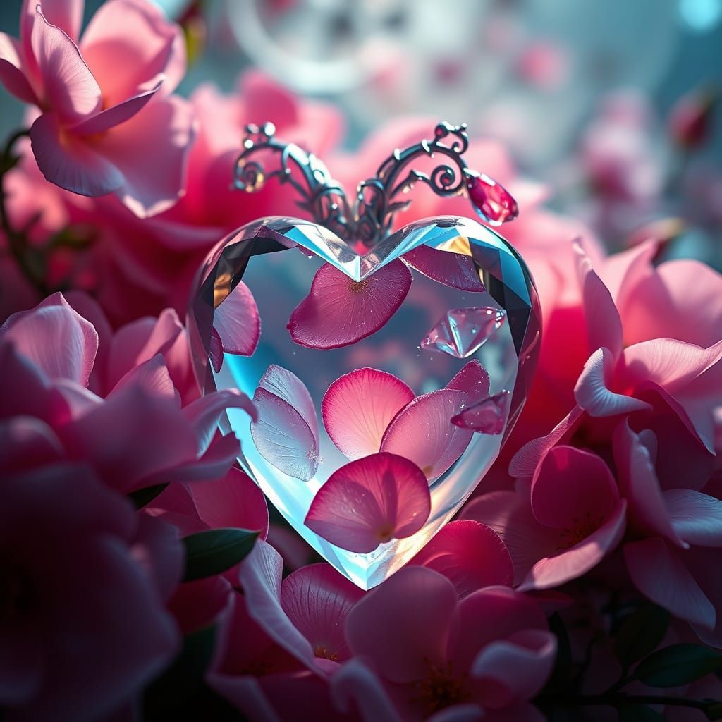 Crystal Heart with Velvety Petals, Digital Matte Painting