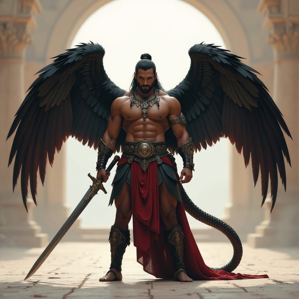 Mythic Warrior with Wings and Serpent Tail