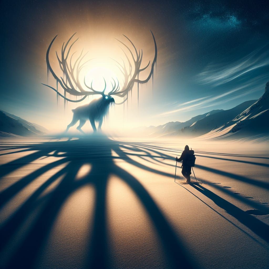 Ethereal Reindeer in Winter Landscape at Sunset