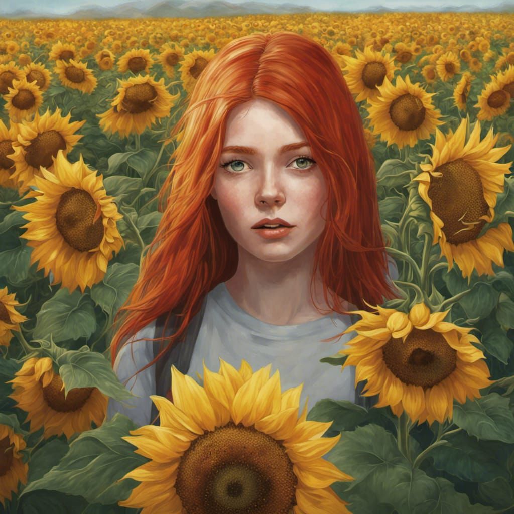 Redhead in Sunflower Field: Graffiti Art Style