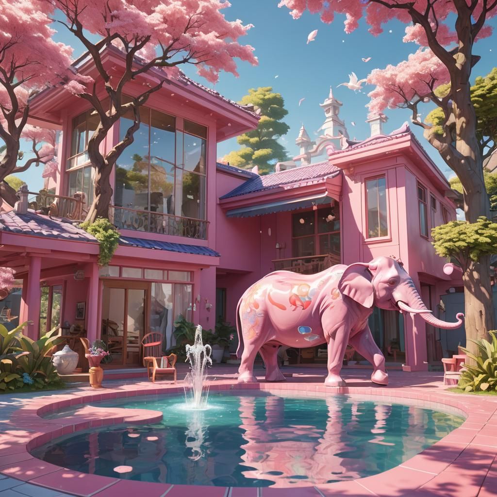 Pink House, Ferrari, and Unicorn in 3D Anime Art