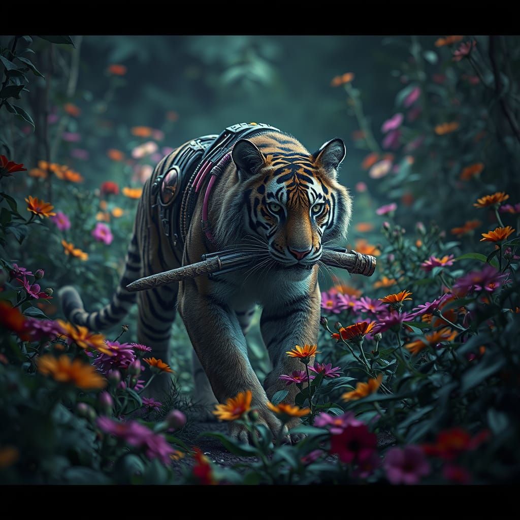 Camouflaged Cyberpunk Tiger in Floral Jungle