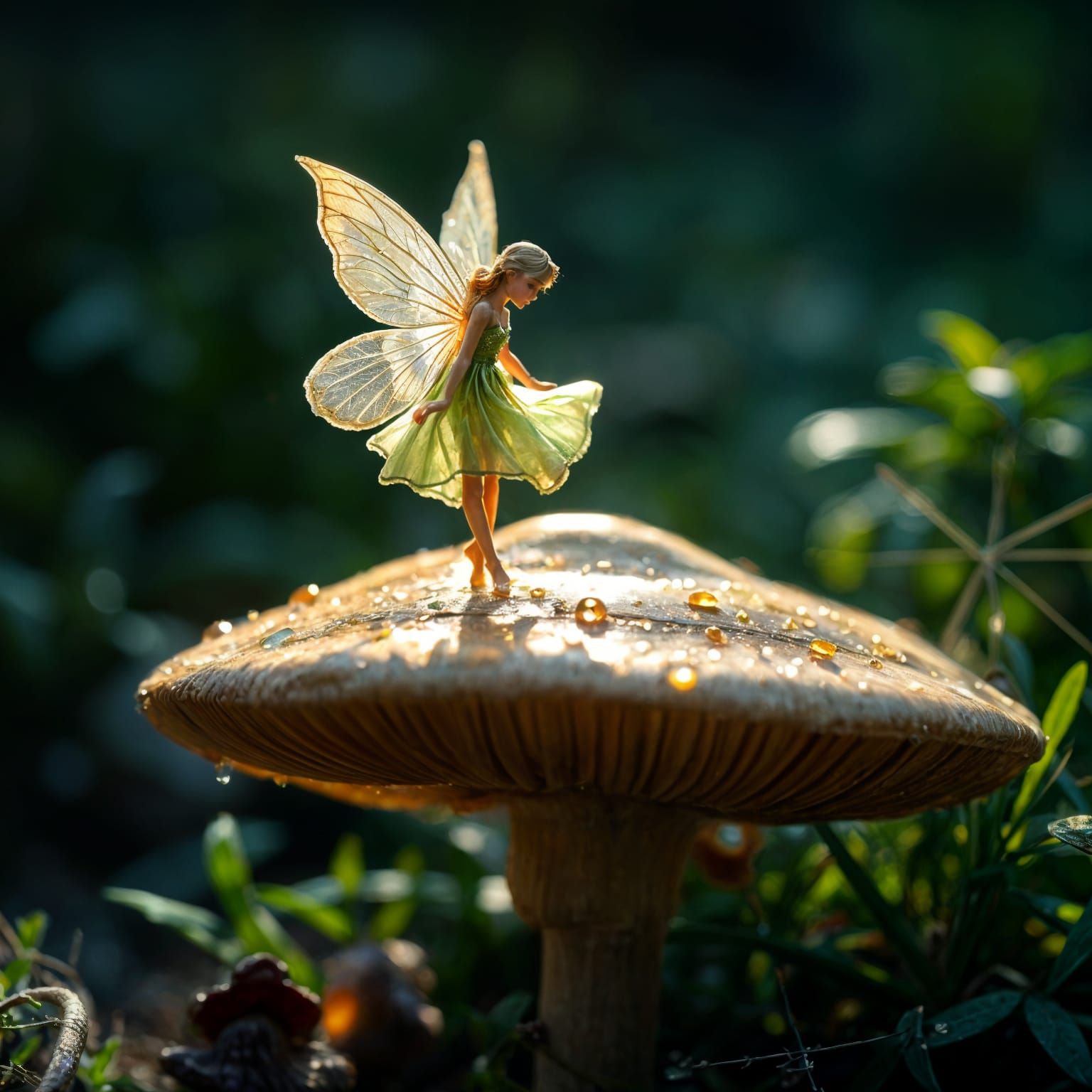 Whimsical Fairy Dances on Mushroom: Macro Photography