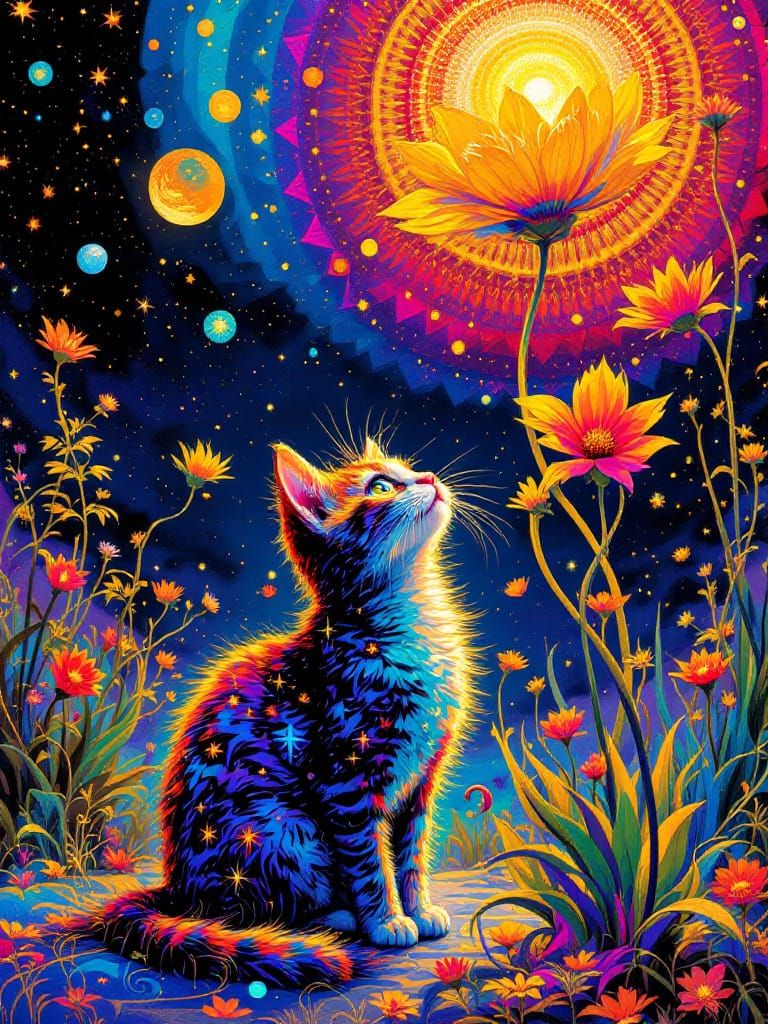 Psychedelic Cat Amidst Luminous Flowers