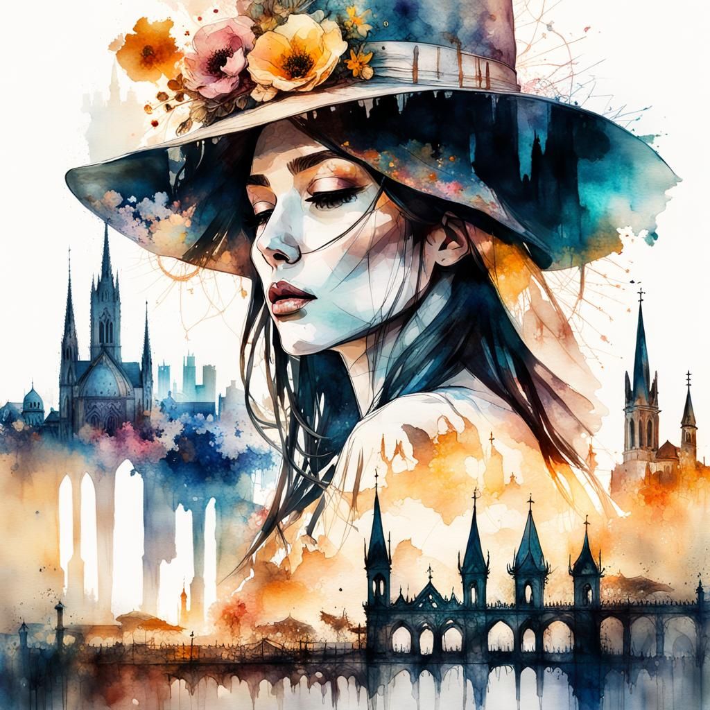 Double Exposure: Woman, Flowers, Gothic City in Watercolor