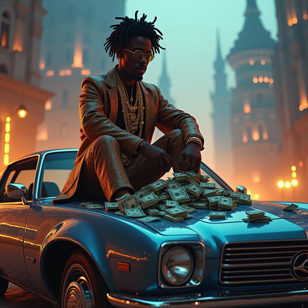 Regal Man Counting Money in Futuristic Cityscape