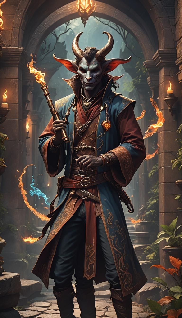 Tiefling Bard with Flute in Dungeons and Dragons Setting