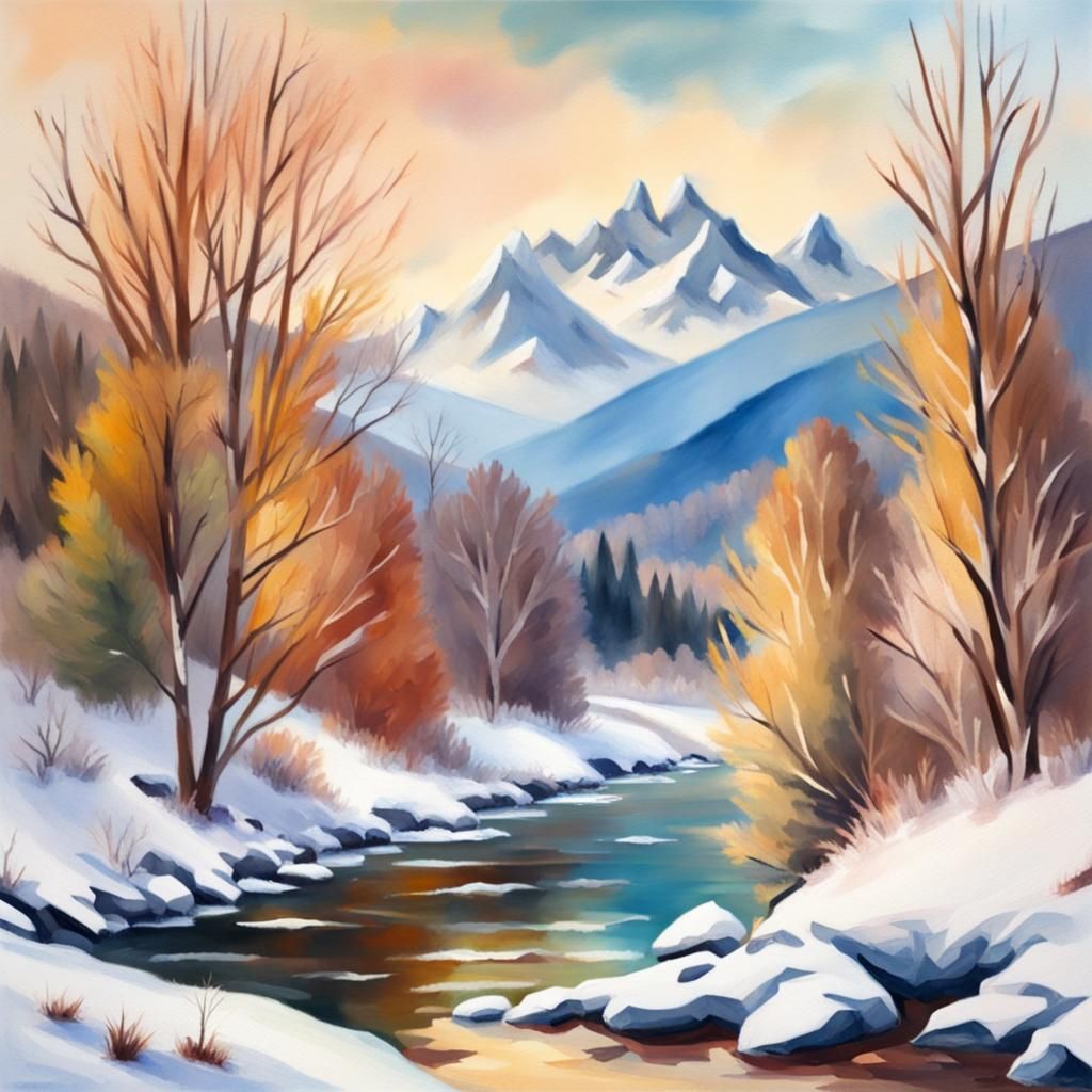 Winter Riverscape Mountains in Gouache Style