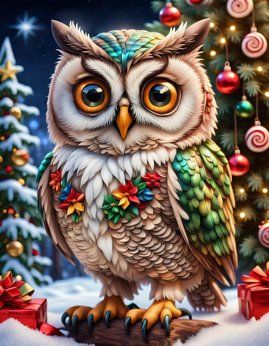 Festive Christmas Owl in a Rainforest Scene